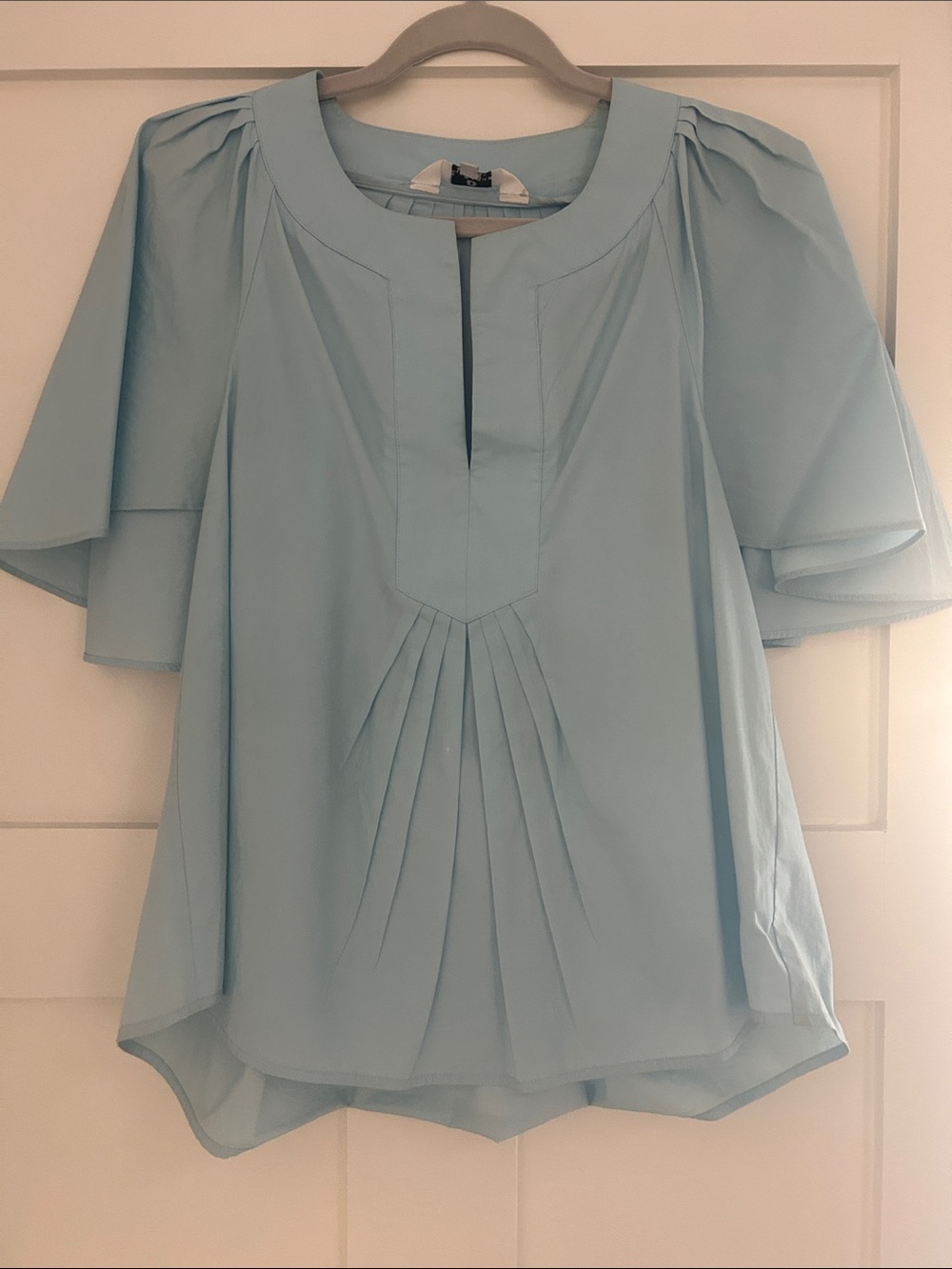 Light Blue Pleated Flutter Sleeve Blouse